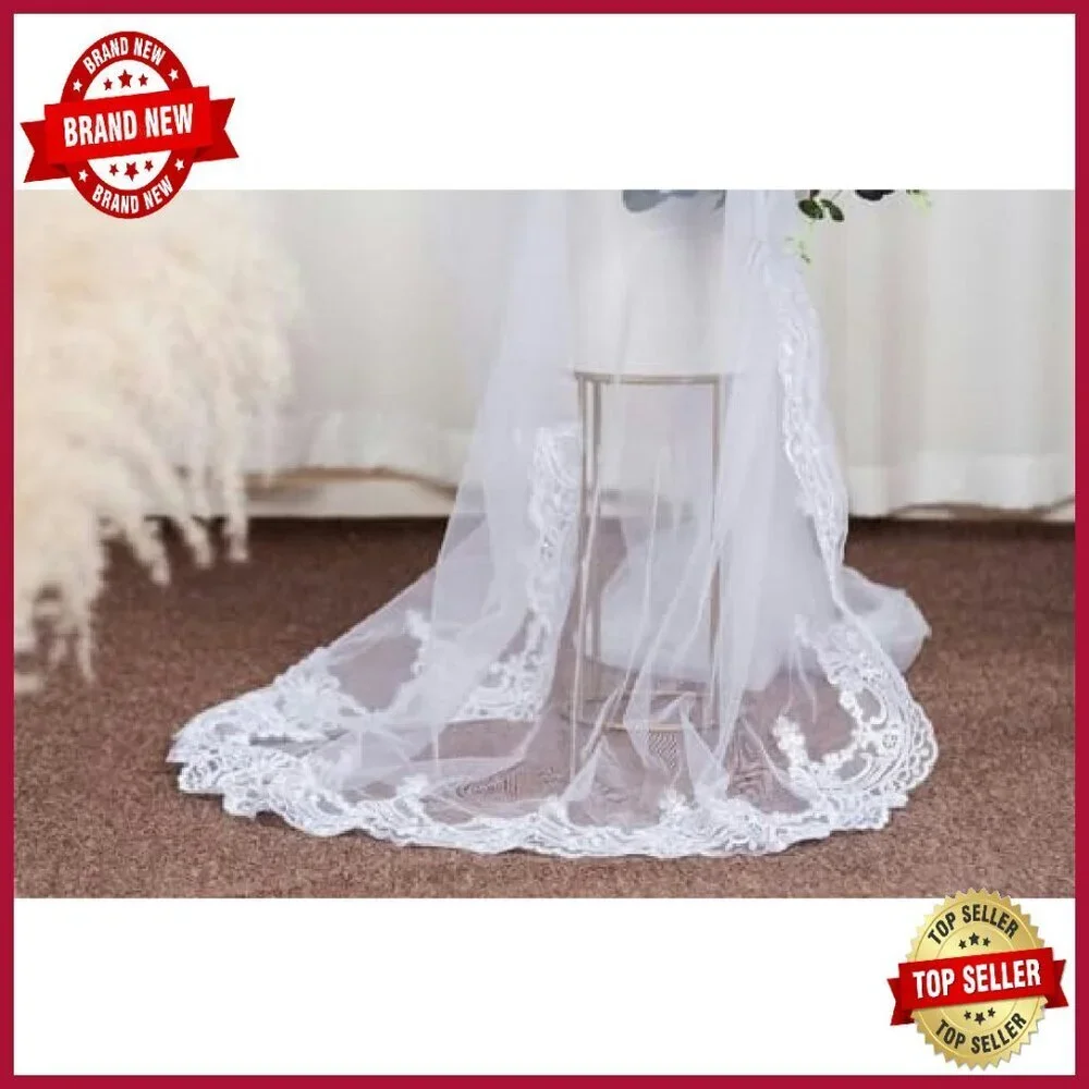 Long Chapel Lace Bridal Veil with Comb, Soft Tulle Material
